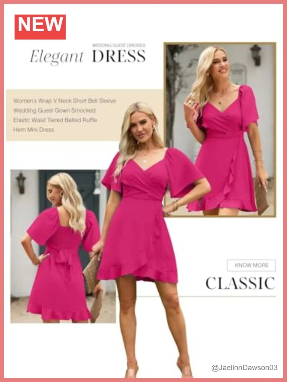 Wrap V Neck Short Flared Sleeve Wedding Guest Dress Smocked Elastic Waist - Picture 2 of 6